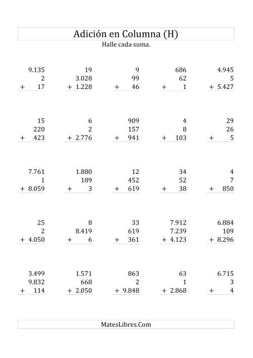 La hoja de ejercicios de Suma en Columna, Tres Números de Varios Dígitos (H)