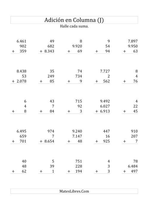 La hoja de ejercicios de Suma en Columna, Tres Números de Varios Dígitos (J)