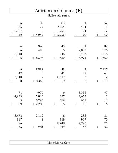 La hoja de ejercicios de Suma en Columna, Cuatro Números de Varios Dígitos (B)