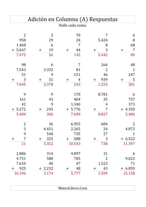 La hoja de ejercicios de Suma en Columna, Cuatro Números de Varios Dígitos (A) Página 2