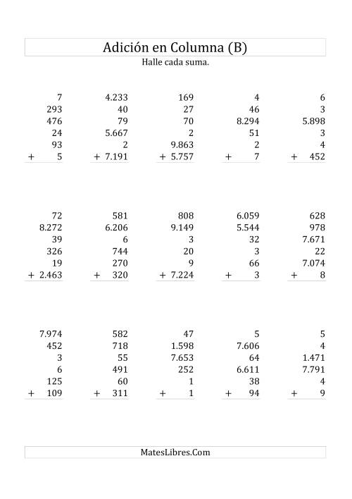 La hoja de ejercicios de Suma en Columna, Seis Números de Varios Dígitos (B)