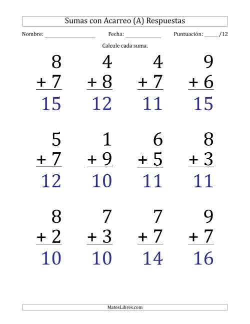 La hoja de ejercicios de 12 Preguntas de Adición de Un Solo Dígito Con Acarreo en Todas las Preguntas (A) Página 2