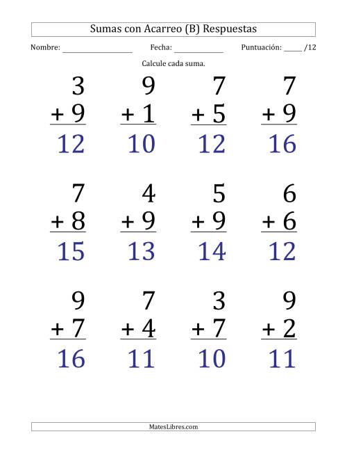 La hoja de ejercicios de 12 Preguntas de Adición de Un Solo Dígito Con Acarreo en Todas las Preguntas (B) Página 2
