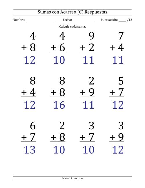 La hoja de ejercicios de 12 Preguntas de Adición de Un Solo Dígito Con Acarreo en Todas las Preguntas (C) Página 2