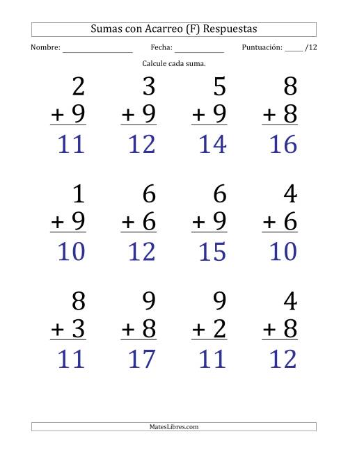 La hoja de ejercicios de 12 Preguntas de Adición de Un Solo Dígito Con Acarreo en Todas las Preguntas (F) Página 2