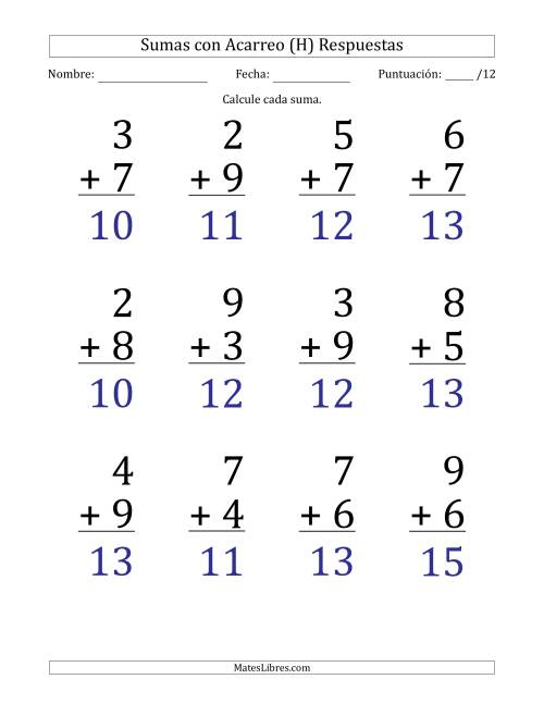La hoja de ejercicios de 12 Preguntas de Adición de Un Solo Dígito Con Acarreo en Todas las Preguntas (H) Página 2