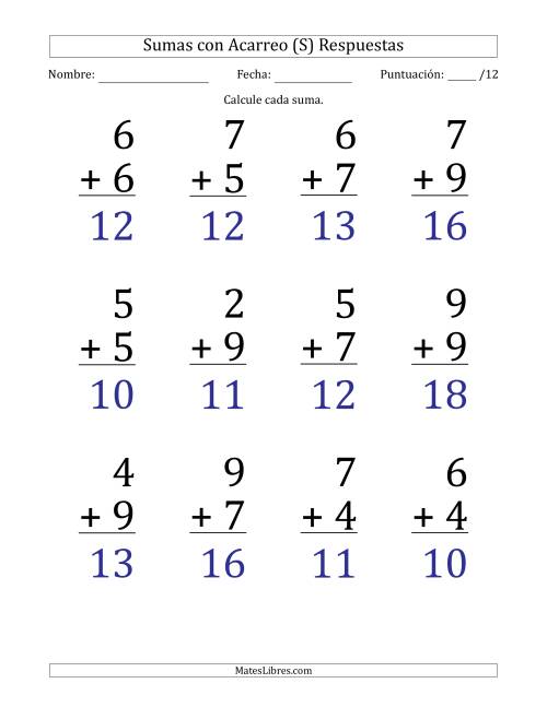 La hoja de ejercicios de 12 Preguntas de Adición de Un Solo Dígito Con Acarreo en Todas las Preguntas (S) Página 2