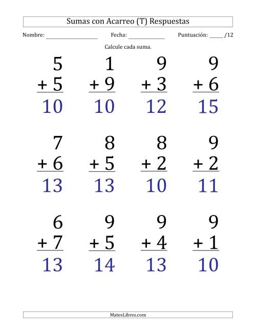 La hoja de ejercicios de 12 Preguntas de Adición de Un Solo Dígito Con Acarreo en Todas las Preguntas (T) Página 2
