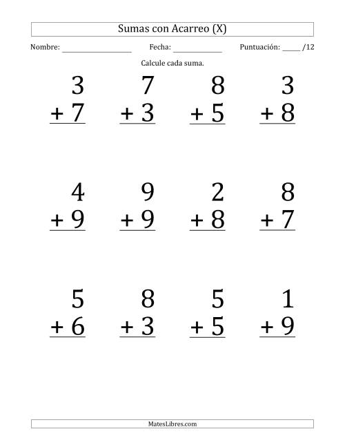 La hoja de ejercicios de 12 Preguntas de Adición de Un Solo Dígito Con Acarreo en Todas las Preguntas (X)