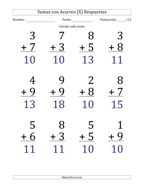La hoja de ejercicios de 12 Preguntas de Adición de Un Solo Dígito Con Acarreo en Todas las Preguntas (X) Página 2