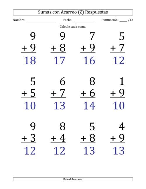La hoja de ejercicios de 12 Preguntas de Adición de Un Solo Dígito Con Acarreo en Todas las Preguntas (Z) Página 2
