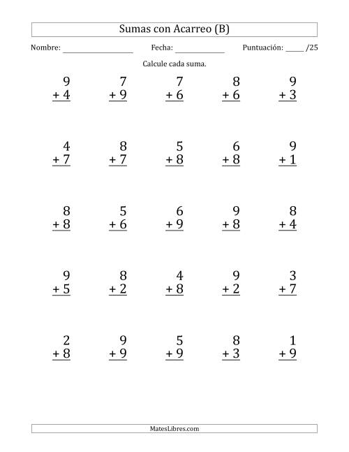 La hoja de ejercicios de 25 Preguntas de Adición de Un Solo Dígito Con Acarreo en Todas las Preguntas (B)