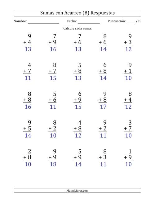 La hoja de ejercicios de 25 Preguntas de Adición de Un Solo Dígito Con Acarreo en Todas las Preguntas (B) Página 2