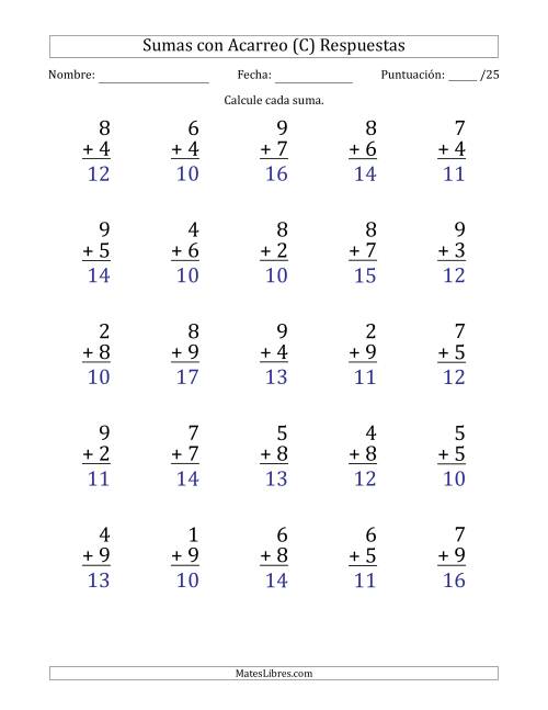 La hoja de ejercicios de 25 Preguntas de Adición de Un Solo Dígito Con Acarreo en Todas las Preguntas (C) Página 2