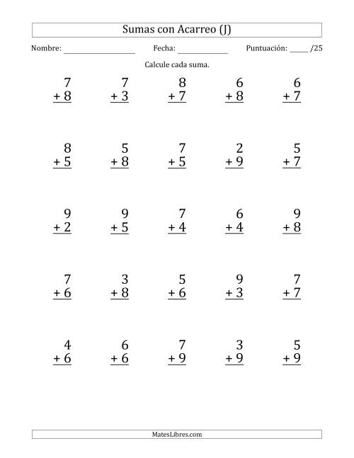La hoja de ejercicios de 25 Preguntas de Adición de Un Solo Dígito Con Acarreo en Todas las Preguntas (J)