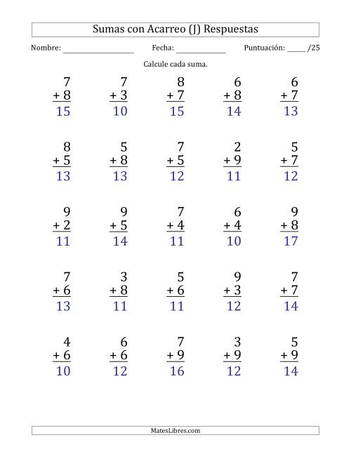 La hoja de ejercicios de 25 Preguntas de Adición de Un Solo Dígito Con Acarreo en Todas las Preguntas (J) Página 2
