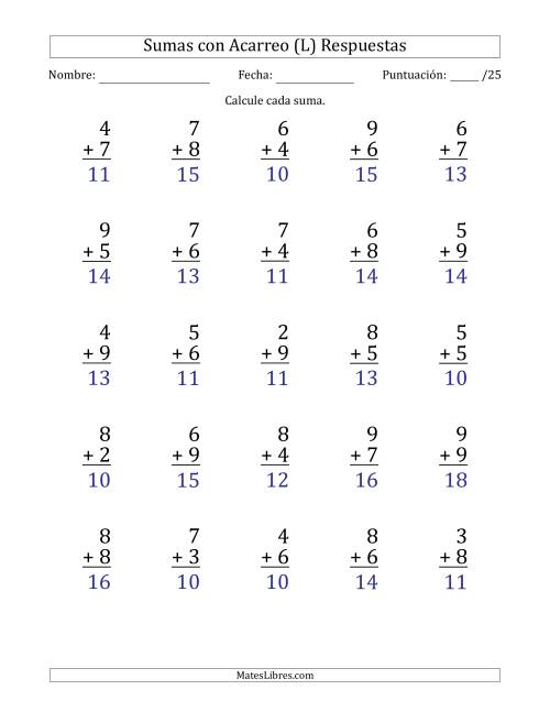 La hoja de ejercicios de 25 Preguntas de Adición de Un Solo Dígito Con Acarreo en Todas las Preguntas (L) Página 2