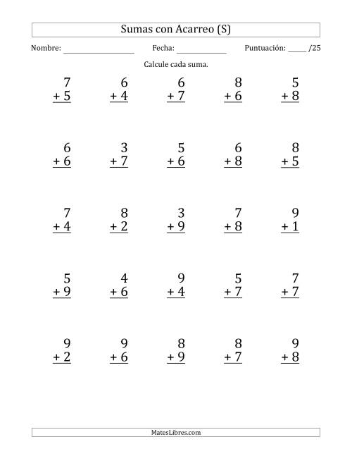 La hoja de ejercicios de 25 Preguntas de Adición de Un Solo Dígito Con Acarreo en Todas las Preguntas (S)