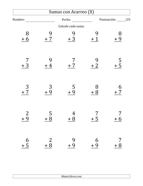 La hoja de ejercicios de 25 Preguntas de Adición de Un Solo Dígito Con Acarreo en Todas las Preguntas (X)