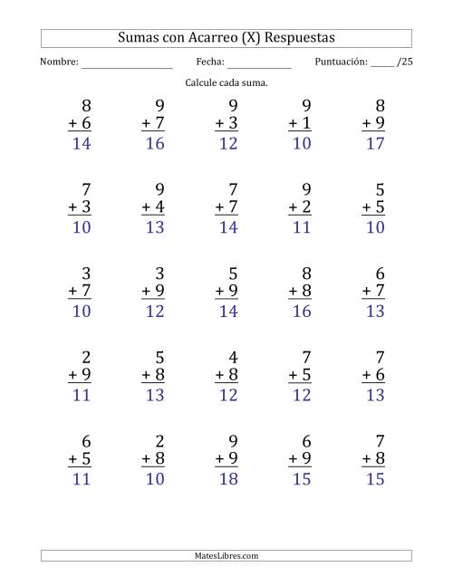 La hoja de ejercicios de 25 Preguntas de Adición de Un Solo Dígito Con Acarreo en Todas las Preguntas (X) Página 2