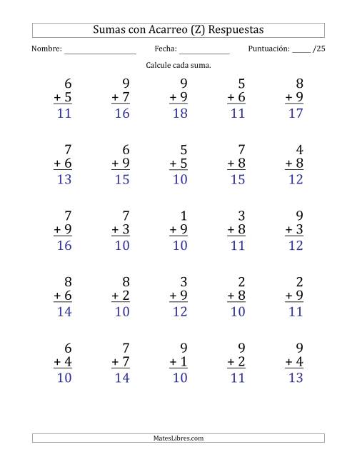 La hoja de ejercicios de 25 Preguntas de Adición de Un Solo Dígito Con Acarreo en Todas las Preguntas (Z) Página 2