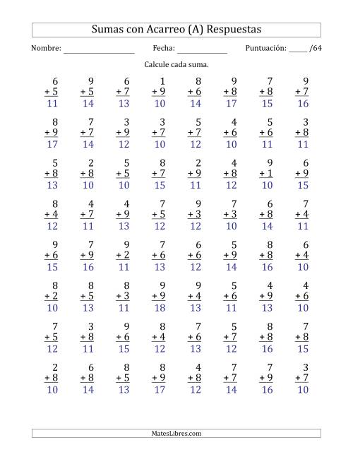 La hoja de ejercicios de 64 Preguntas de Adición de Un Solo Dígito Con Acarreo en Todas las Preguntas (A) Página 2