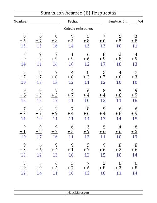 La hoja de ejercicios de 64 Preguntas de Adición de Un Solo Dígito Con Acarreo en Todas las Preguntas (B) Página 2