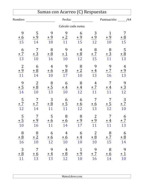 La hoja de ejercicios de 64 Preguntas de Adición de Un Solo Dígito Con Acarreo en Todas las Preguntas (C) Página 2