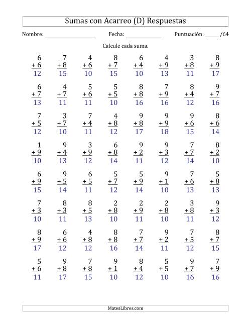 La hoja de ejercicios de 64 Preguntas de Adición de Un Solo Dígito Con Acarreo en Todas las Preguntas (D) Página 2
