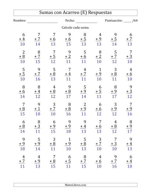 La hoja de ejercicios de 64 Preguntas de Adición de Un Solo Dígito Con Acarreo en Todas las Preguntas (E) Página 2