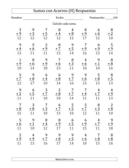 La hoja de ejercicios de 64 Preguntas de Adición de Un Solo Dígito Con Acarreo en Todas las Preguntas (H) Página 2