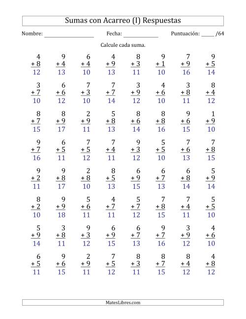 La hoja de ejercicios de 64 Preguntas de Adición de Un Solo Dígito Con Acarreo en Todas las Preguntas (I) Página 2