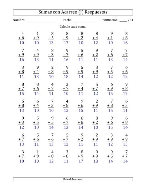 La hoja de ejercicios de 64 Preguntas de Adición de Un Solo Dígito Con Acarreo en Todas las Preguntas (J) Página 2