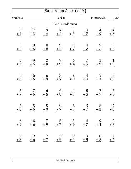 La hoja de ejercicios de 64 Preguntas de Adición de Un Solo Dígito Con Acarreo en Todas las Preguntas (K)