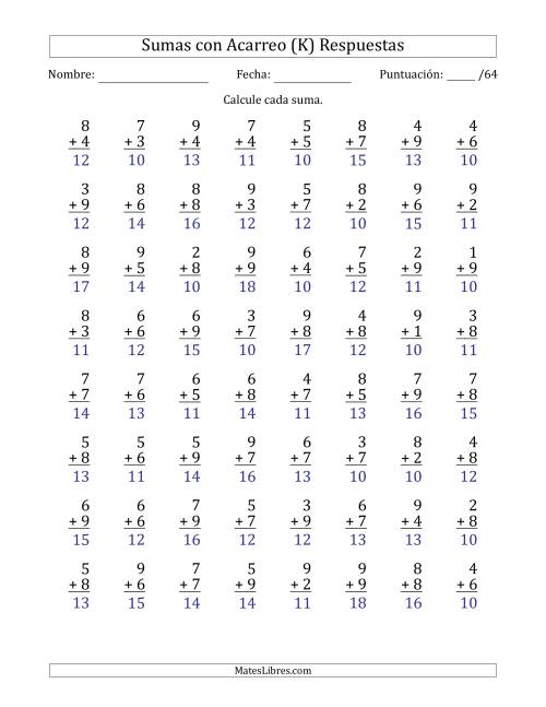 La hoja de ejercicios de 64 Preguntas de Adición de Un Solo Dígito Con Acarreo en Todas las Preguntas (K) Página 2