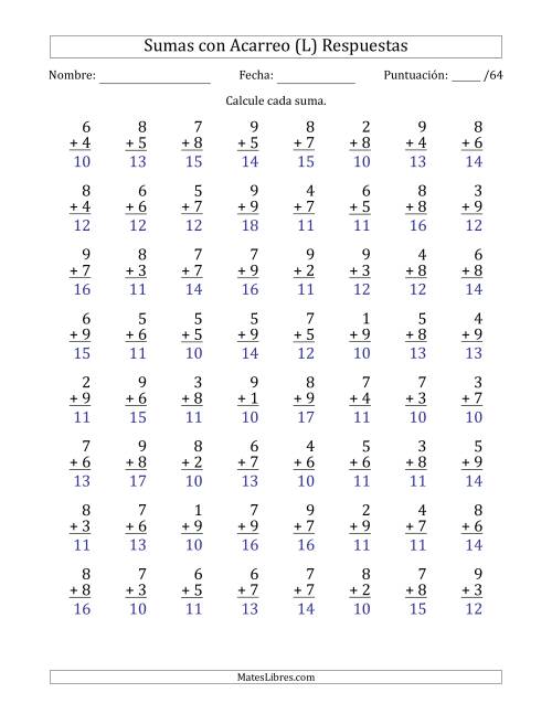 La hoja de ejercicios de 64 Preguntas de Adición de Un Solo Dígito Con Acarreo en Todas las Preguntas (L) Página 2