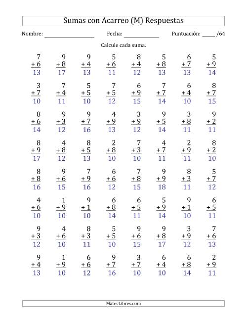La hoja de ejercicios de 64 Preguntas de Adición de Un Solo Dígito Con Acarreo en Todas las Preguntas (M) Página 2