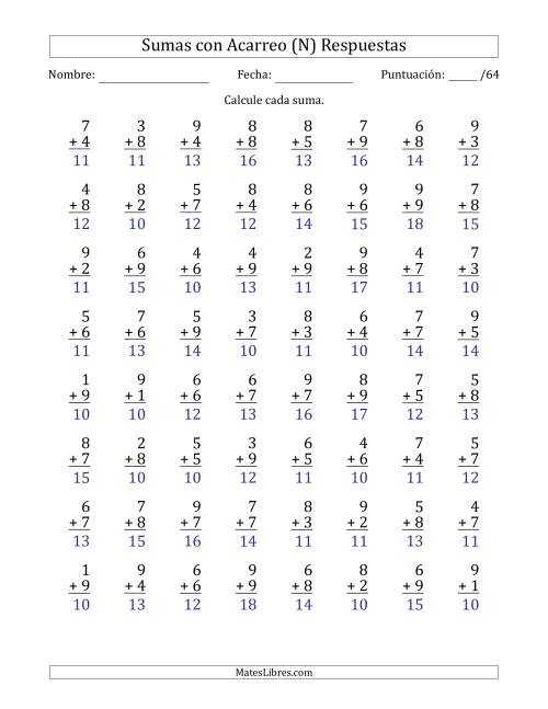La hoja de ejercicios de 64 Preguntas de Adición de Un Solo Dígito Con Acarreo en Todas las Preguntas (N) Página 2
