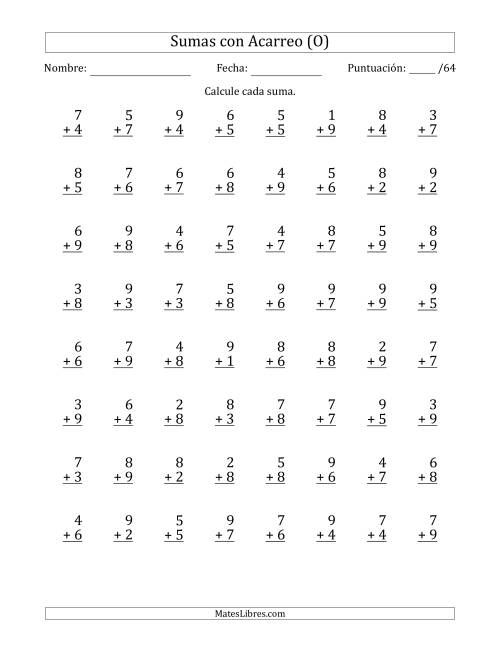La hoja de ejercicios de 64 Preguntas de Adición de Un Solo Dígito Con Acarreo en Todas las Preguntas (O)