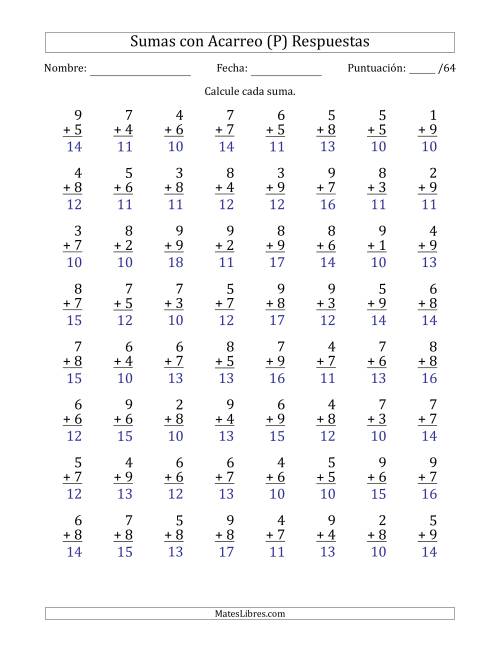 La hoja de ejercicios de 64 Preguntas de Adición de Un Solo Dígito Con Acarreo en Todas las Preguntas (P) Página 2