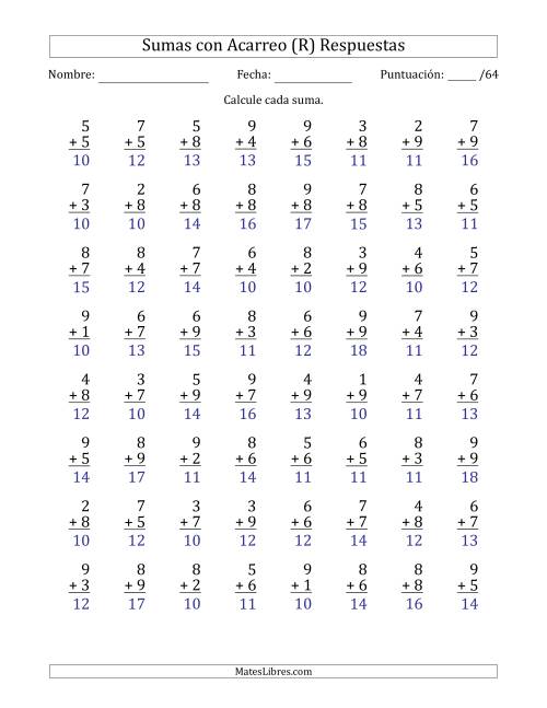 La hoja de ejercicios de 64 Preguntas de Adición de Un Solo Dígito Con Acarreo en Todas las Preguntas (R) Página 2