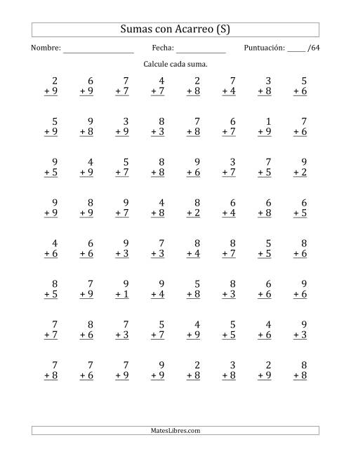 La hoja de ejercicios de 64 Preguntas de Adición de Un Solo Dígito Con Acarreo en Todas las Preguntas (S)