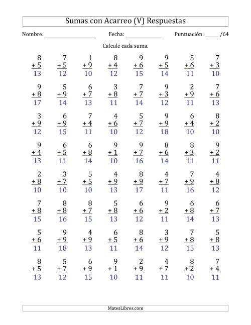 La hoja de ejercicios de 64 Preguntas de Adición de Un Solo Dígito Con Acarreo en Todas las Preguntas (V) Página 2