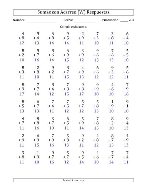 La hoja de ejercicios de 64 Preguntas de Adición de Un Solo Dígito Con Acarreo en Todas las Preguntas (W) Página 2