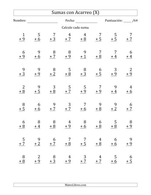 La hoja de ejercicios de 64 Preguntas de Adición de Un Solo Dígito Con Acarreo en Todas las Preguntas (X)