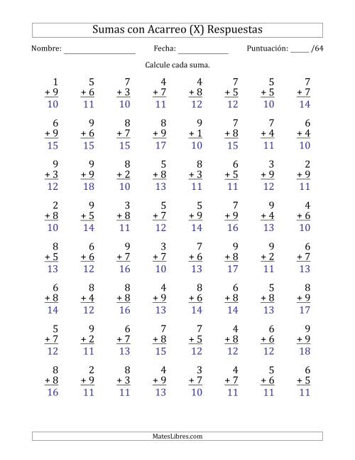 La hoja de ejercicios de 64 Preguntas de Adición de Un Solo Dígito Con Acarreo en Todas las Preguntas (X) Página 2