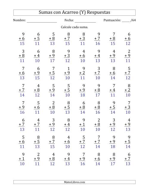 La hoja de ejercicios de 64 Preguntas de Adición de Un Solo Dígito Con Acarreo en Todas las Preguntas (Y) Página 2