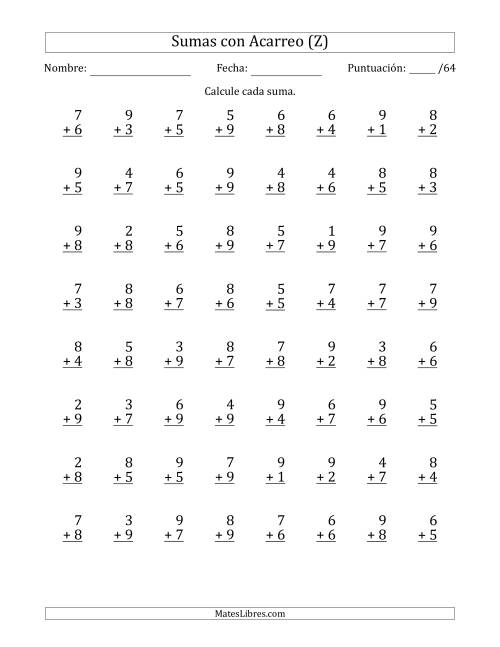 La hoja de ejercicios de 64 Preguntas de Adición de Un Solo Dígito Con Acarreo en Todas las Preguntas (Z)