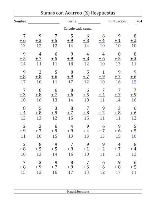 La hoja de ejercicios de 64 Preguntas de Adición de Un Solo Dígito Con Acarreo en Todas las Preguntas (Z) Página 2