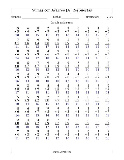 La hoja de ejercicios de 100 Preguntas de Adición de Un Solo Dígito Con Acarreo en Todas las Preguntas (A) Página 2